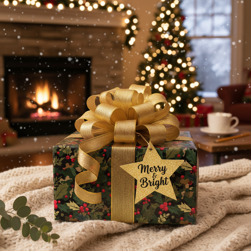 Elegant Christmas gift wrap with gold ribbon, holly berry floral paper, and "Merry & Bright" star tag.