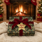 Christmas gift wrapped in festive pine needle wrapping paper with velvet ribbon & star tag.