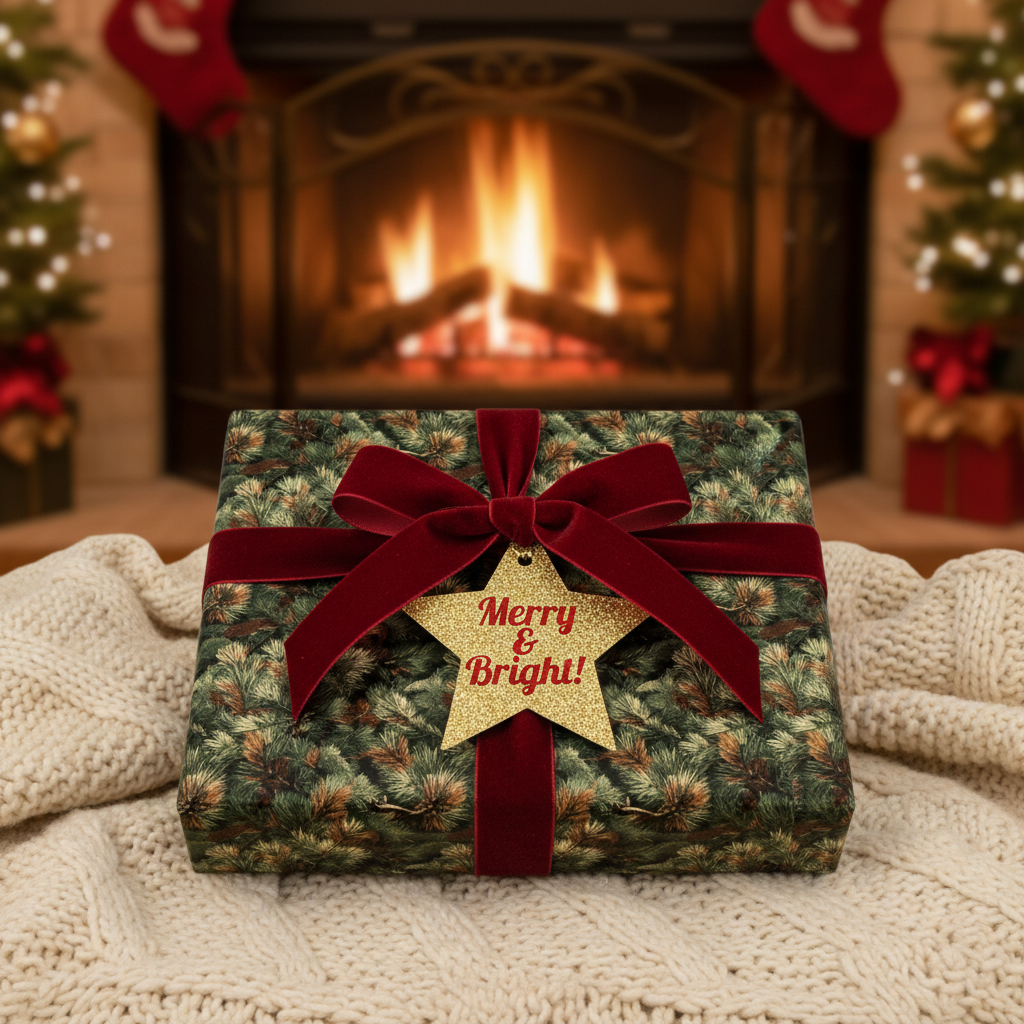Christmas gift wrapped in festive pine needle wrapping paper with velvet ribbon & star tag.