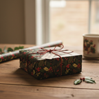 Rustic Christmas gift wrap with holly berry pattern, tied with twine on wooden table.