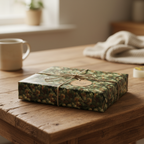 Elegant gift wrapped in botanical wrapping paper with twine and a tag on a wooden table.