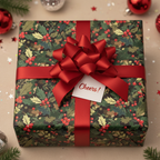 Square gift wrapped in floral Christmas wrapping paper with red ribbon and a "Cheers!" tag.