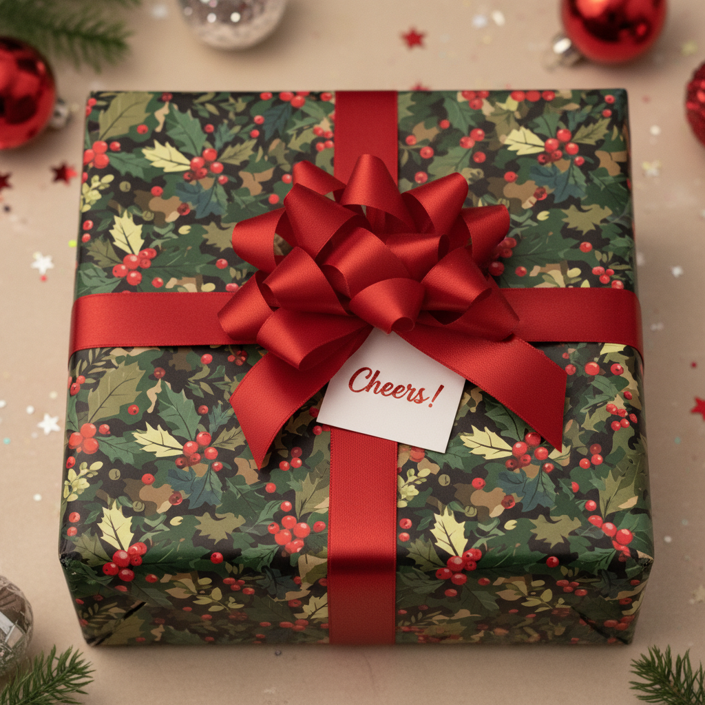 Square gift wrapped in floral Christmas wrapping paper with red ribbon and a "Cheers!" tag.