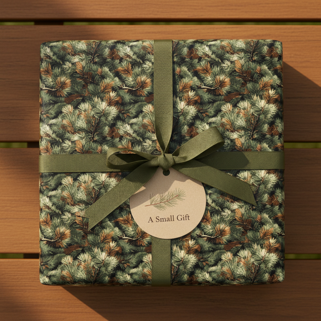 Square gift box wrapped in green pine branch Christmas wrapping paper with an olive green ribbon and tag.