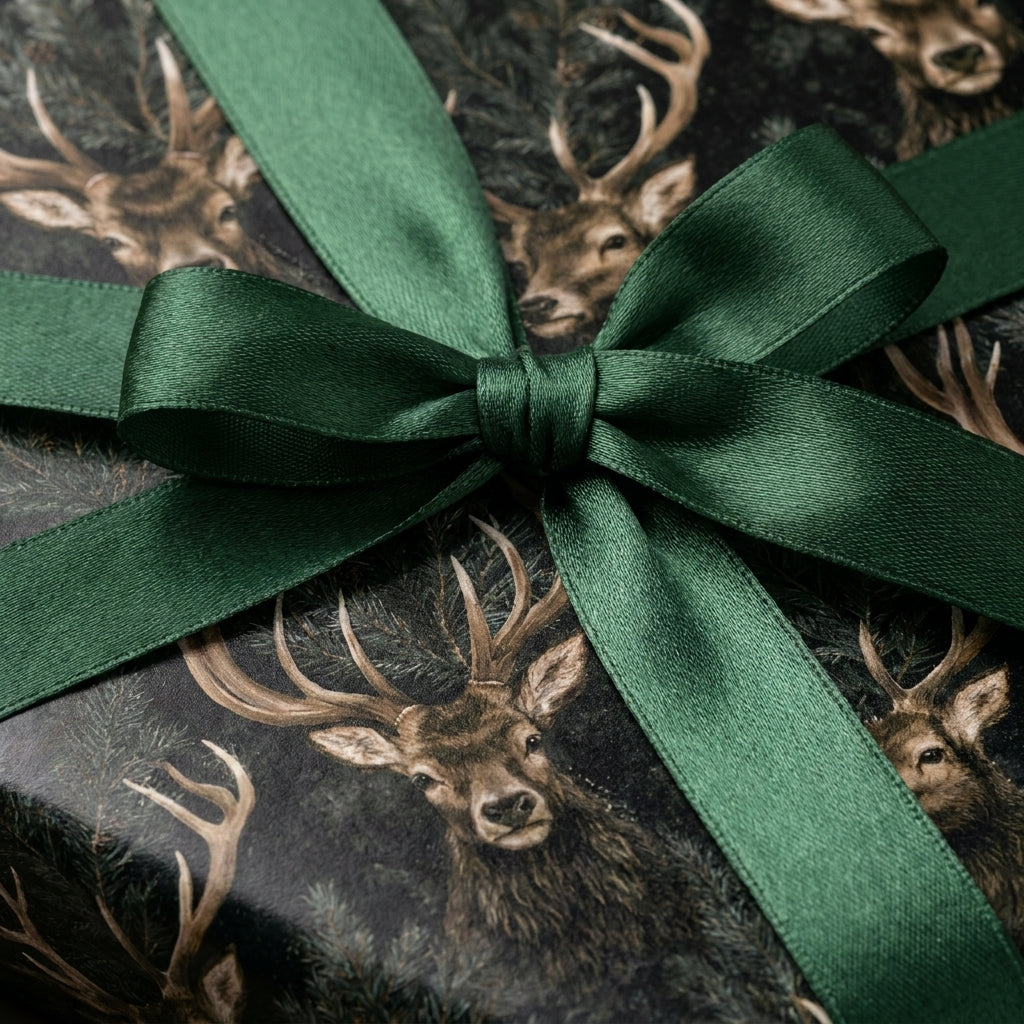 Luxury woodland deer Christmas gift wrap with an emerald green satin bow by Wrapped Studios.