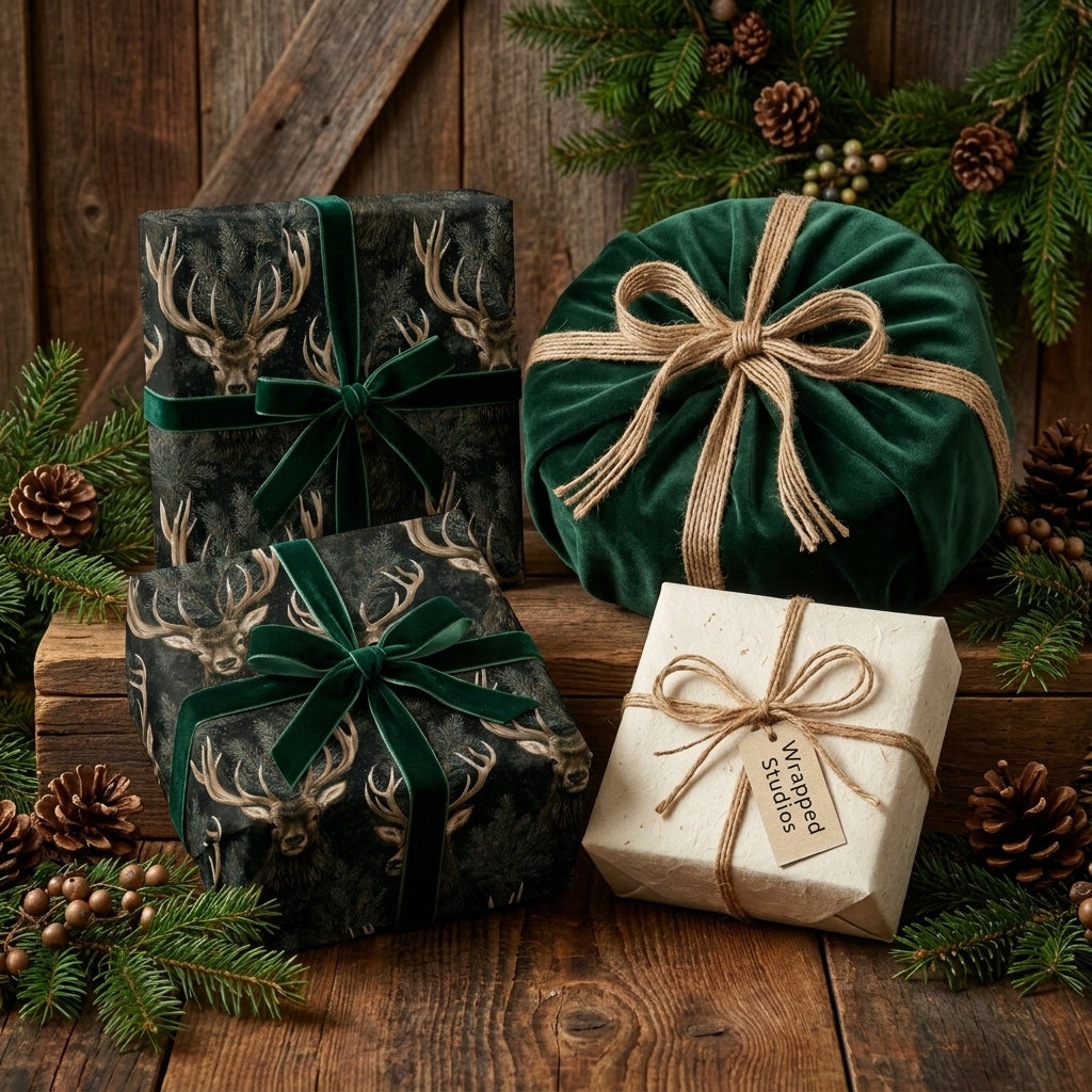 Woodland deer Christmas wrapping paper with green velvet ribbon on rustic holiday gifts by Wrapped Studios.