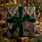 Luxury woodland stag Christmas wrapping paper with green velvet bow by Wrapped Studios.
