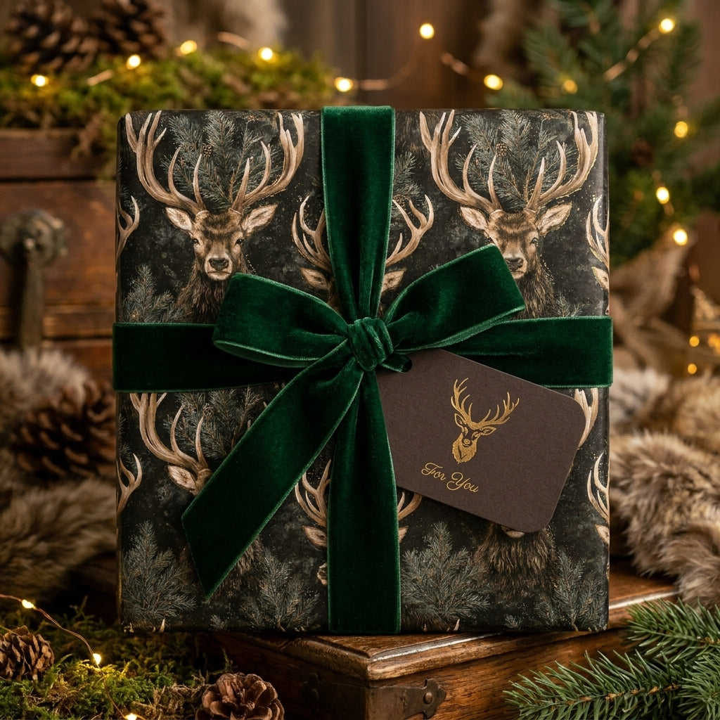 Luxury woodland stag Christmas wrapping paper with green velvet bow by Wrapped Studios.