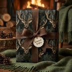 Woodland deer Christmas gift wrap with a brown ribbon by a cozy fireplace, from Wrapped Studios.
