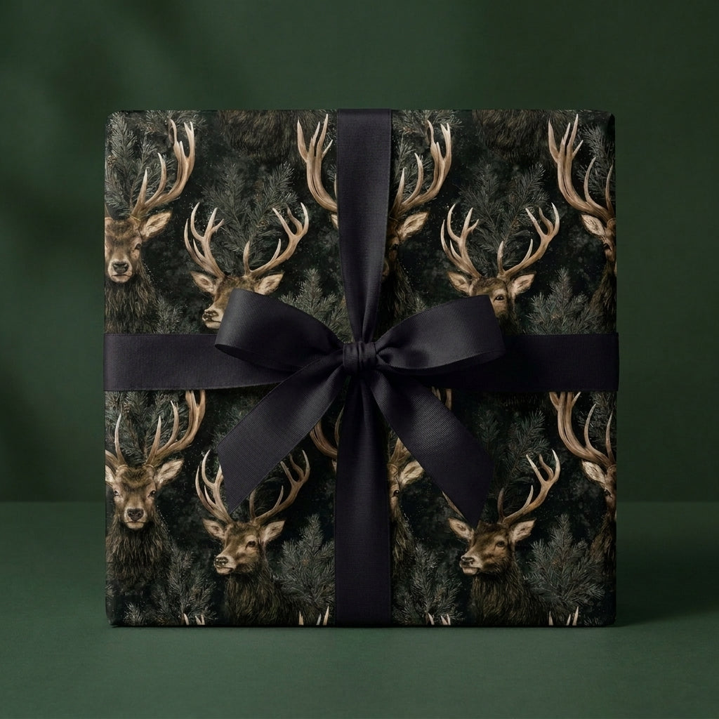 Luxury dark green deer Christmas gift wrap with a black bow by Wrapped Studios.