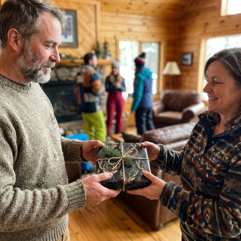 Couple exchanging a holiday gift in rustic deer wrapping paper and twine by Wrapped Studios.