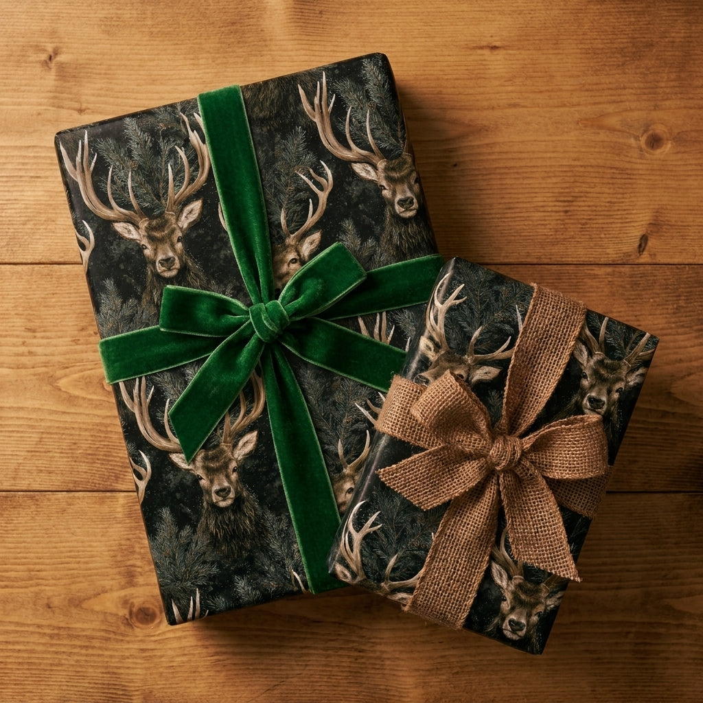 Luxury deer Christmas wrapping paper by Wrapped Studios, featuring green velvet and burlap bows on a wooden table.