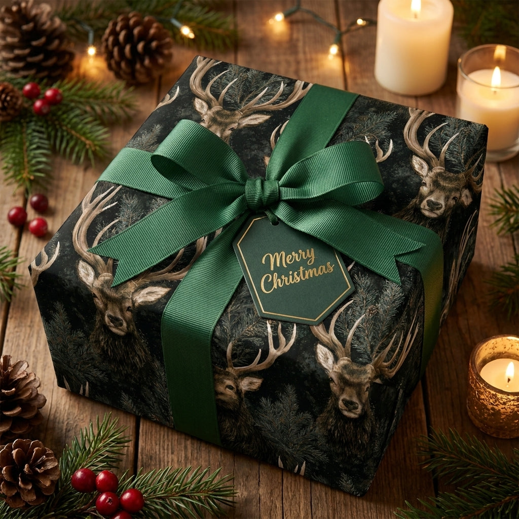 Luxury stag Christmas wrapping paper with a green bow and Merry Christmas tag by Wrapped Studios.