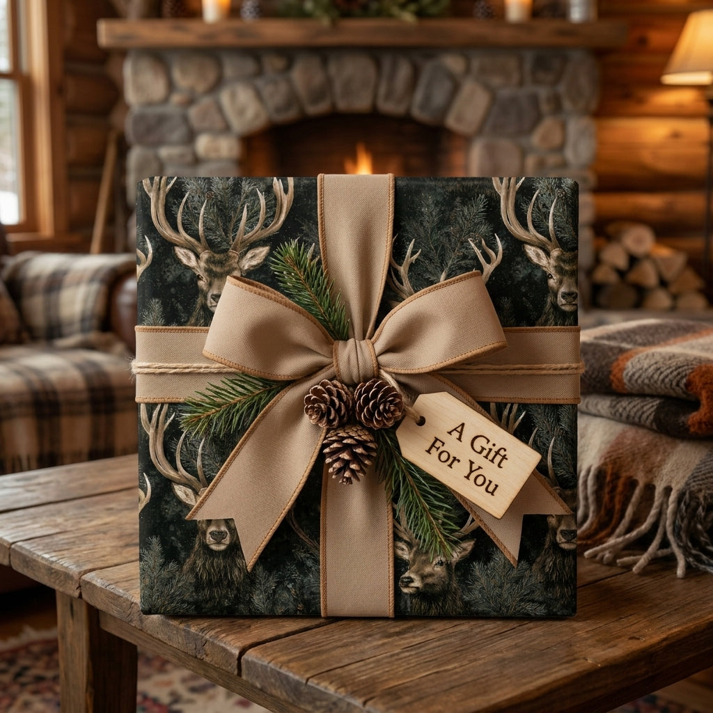Rustic woodland deer Christmas wrapping paper with a tan bow in a cozy cabin, by Wrapped Studios.