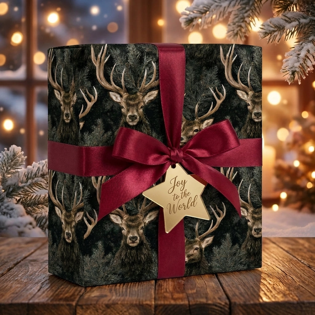 Rustic deer Christmas wrapping paper with a burgundy satin bow and gold star tag by Wrapped Studios.