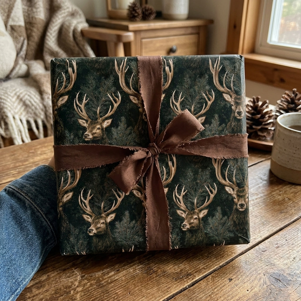 Rustic woodland deer Christmas wrapping paper by Wrapped Studios, tied with a brown ribbon.