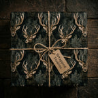 Rustic woodland deer Christmas wrapping paper with jute twine on a gift box by Wrapped Studios.