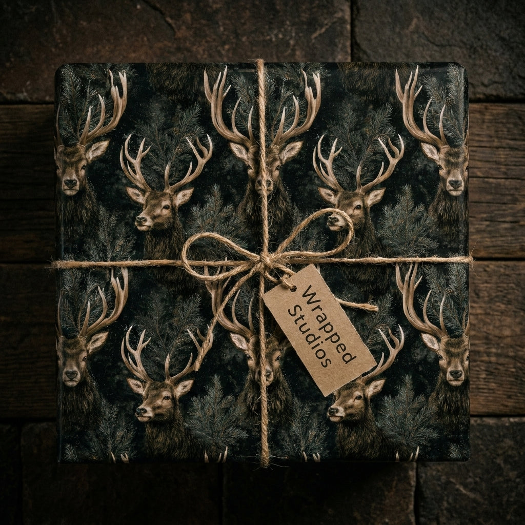 Rustic woodland deer Christmas wrapping paper with jute twine on a gift box by Wrapped Studios.