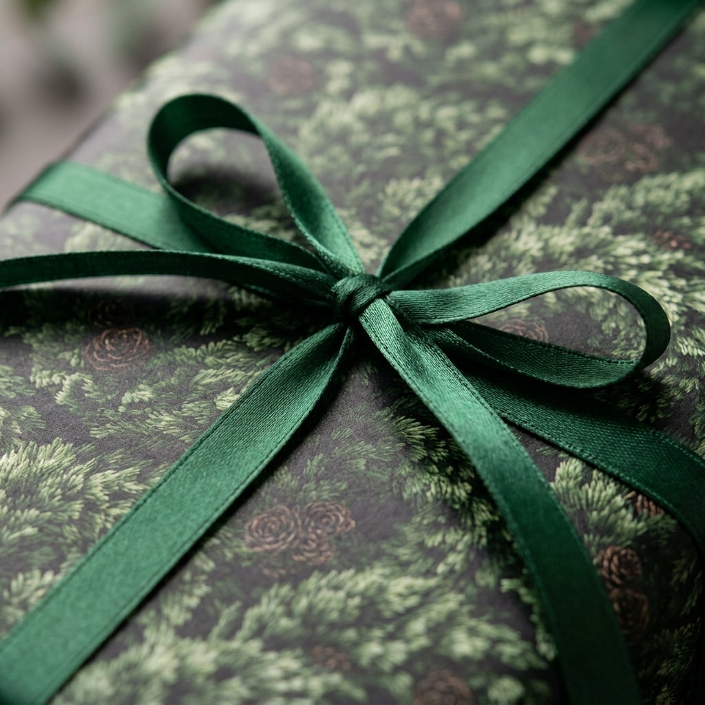 Luxury forest pine Christmas gift wrap tied with a green satin ribbon by Wrapped Studios.