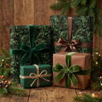 Rustic Christmas wrapping paper featuring forest pine patterns and luxury velvet ribbons by Wrapped Studios.