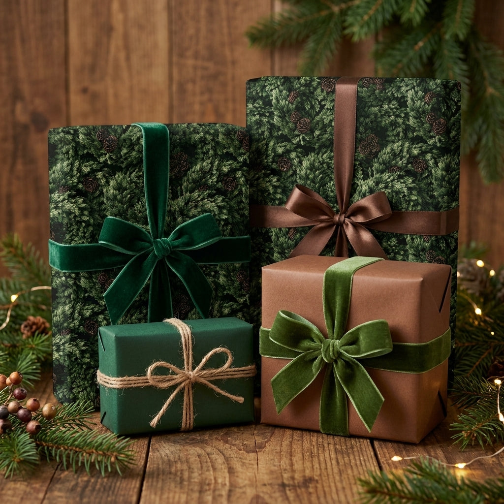 Rustic Christmas wrapping paper featuring forest pine patterns and luxury velvet ribbons by Wrapped Studios.