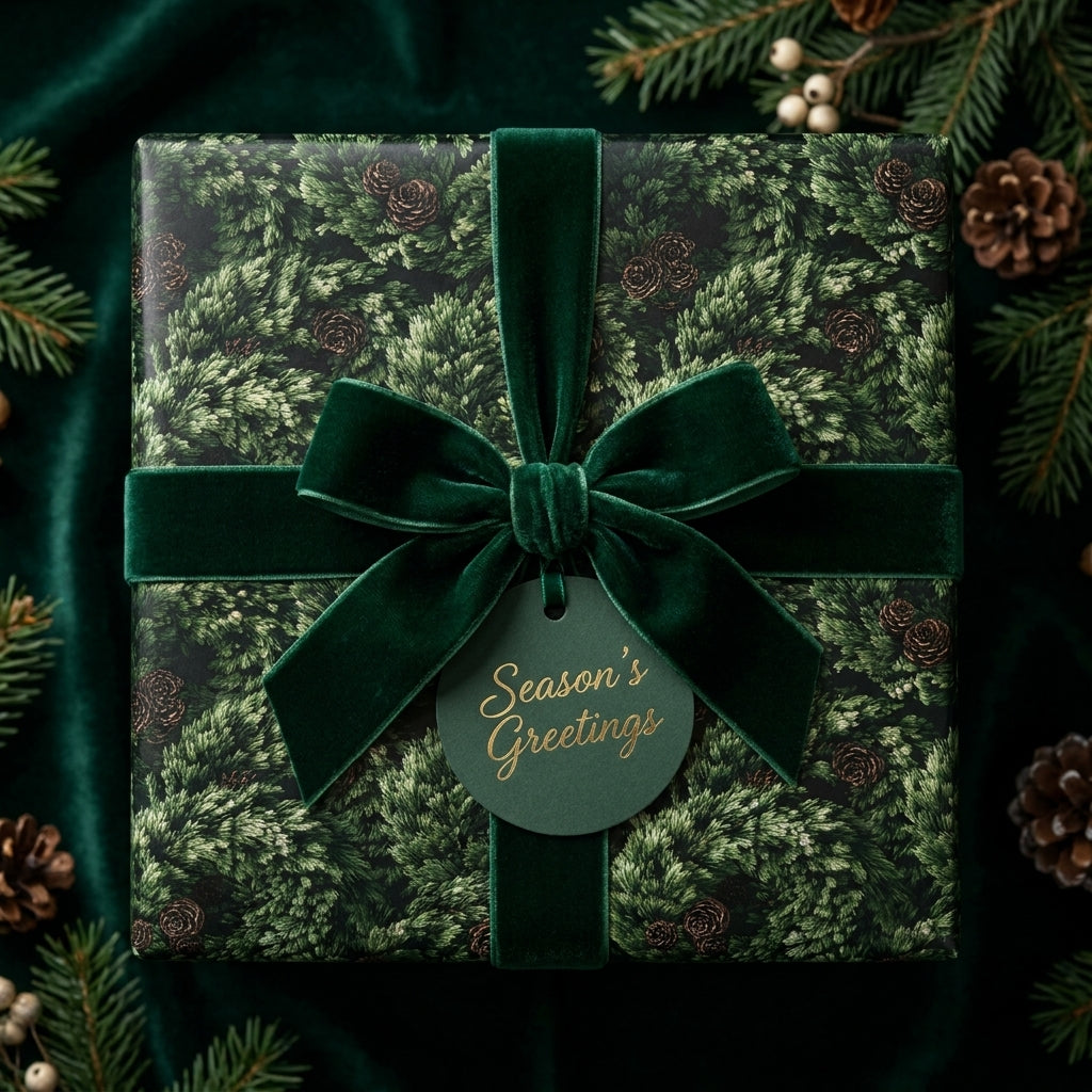 Luxury Christmas wrapping paper with pine pattern, green velvet bow, and holiday tag by Wrapped Studios.