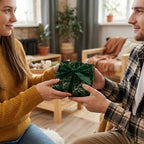 Cozy holiday gift exchange featuring green pine Christmas wrapping paper with a velvet bow by Wrapped Studios.