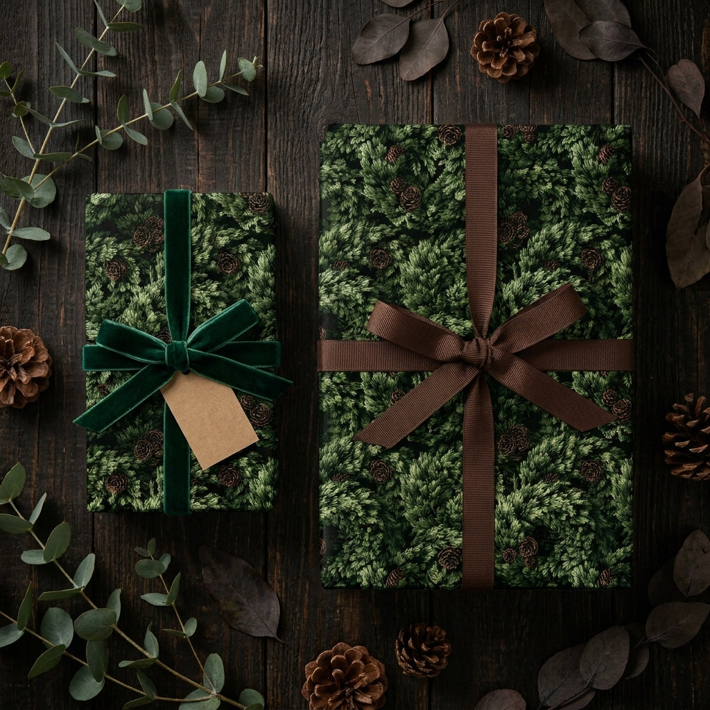 Rustic pine Christmas wrapping paper with elegant velvet and brown ribbons by Wrapped Studios.