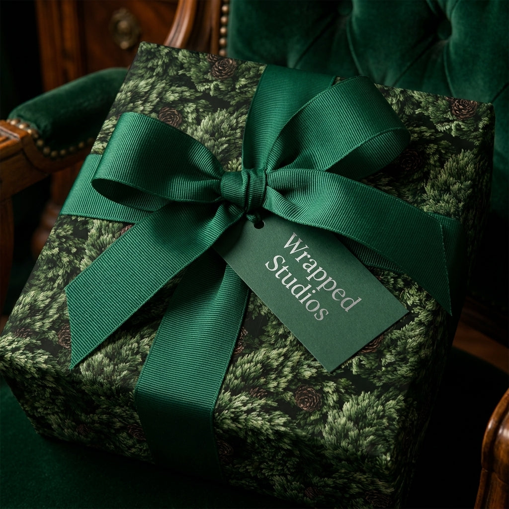 Luxury evergreen pine Christmas wrapping paper with green ribbon by Wrapped Studios.