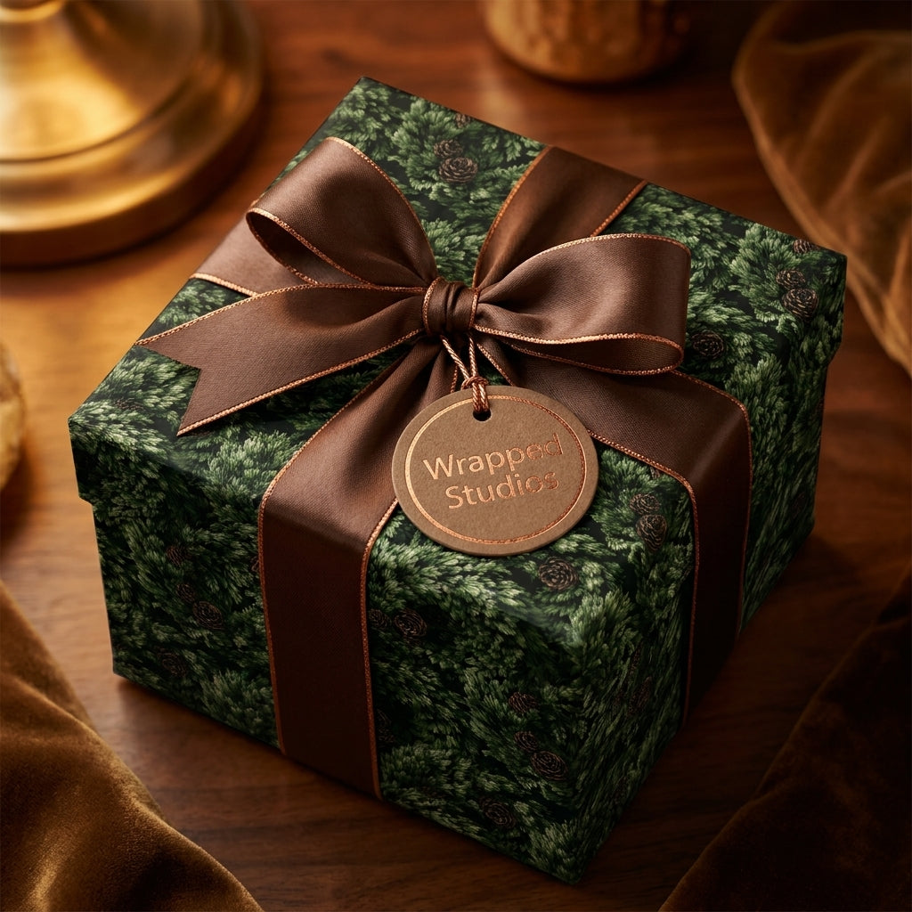 Luxury pine forest Christmas wrapping paper with a brown satin bow, by Wrapped Studios.