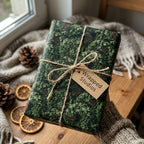 Rustic pine Christmas wrapping paper with twine bow and Wrapped Studios gift tag.