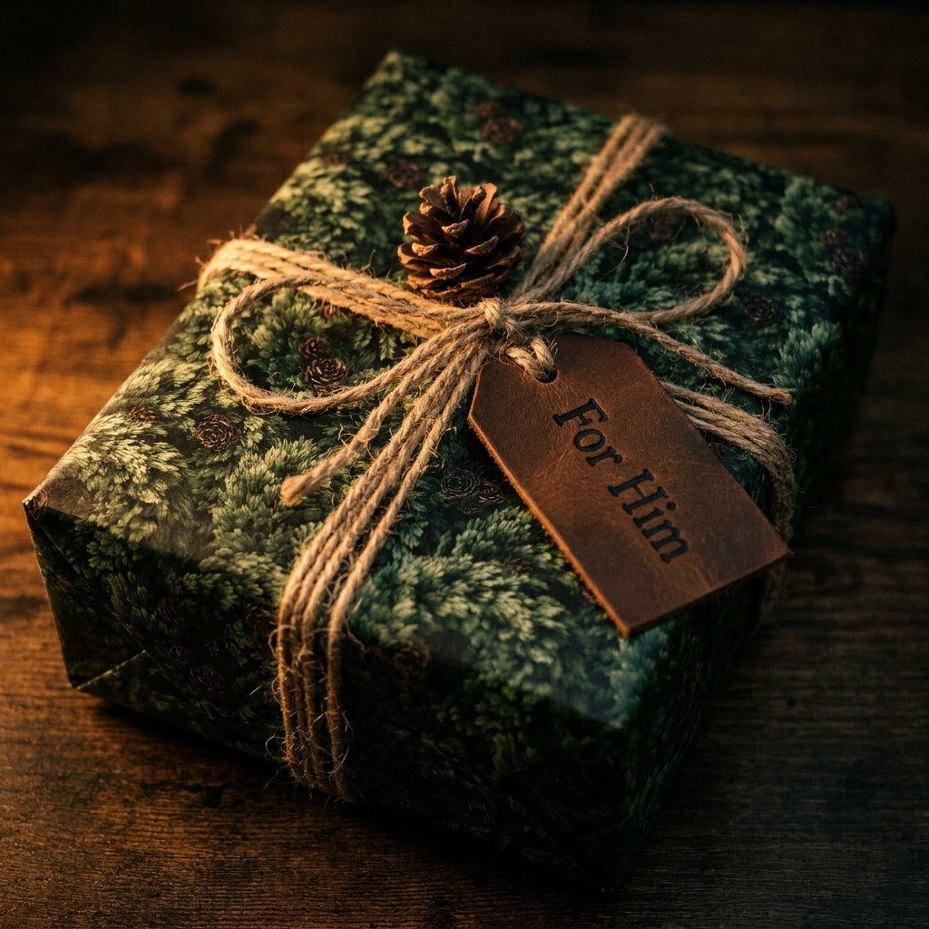 Rustic forest green pine Christmas gift wrap with twine on a gift box for him by Wrapped Studios.