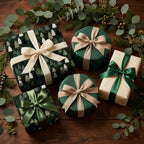 Green forest Christmas wrapping paper and holiday gift boxes with luxury ribbons by Wrapped Studios.