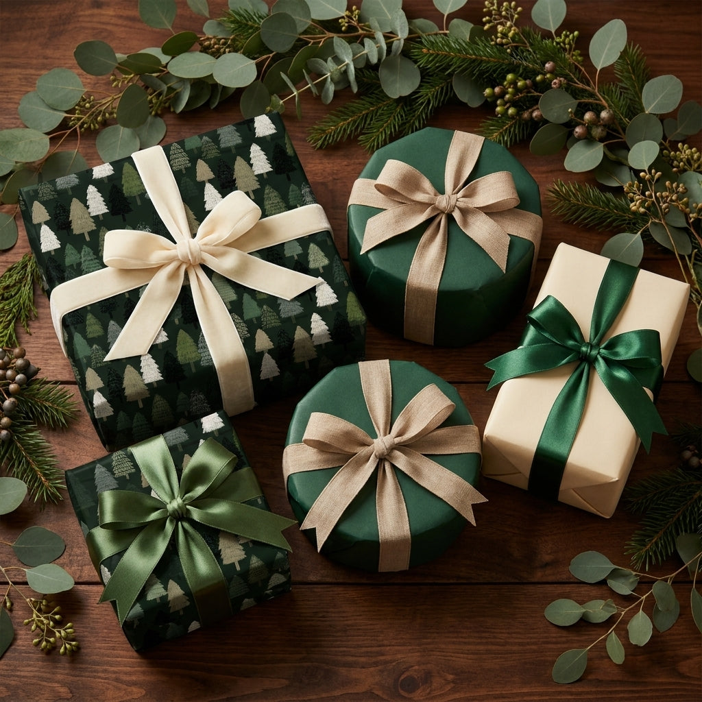 Green forest Christmas wrapping paper and holiday gift boxes with luxury ribbons by Wrapped Studios.