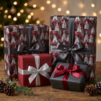 Luxury Christmas gift wrap with a rustic pine tree pattern on holiday presents by Wrapped Studios.