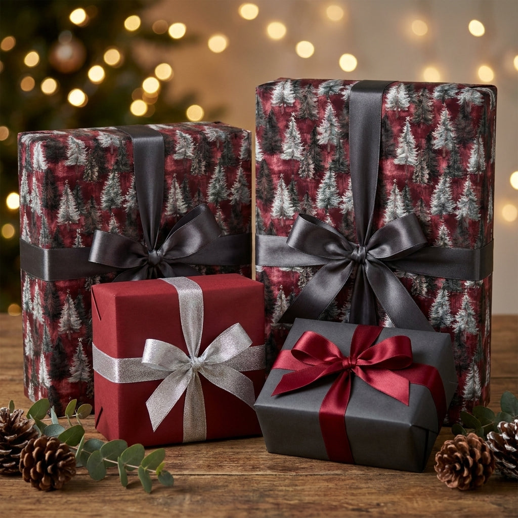 Luxury Christmas gift wrap with a rustic pine tree pattern on holiday presents by Wrapped Studios.