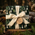 Rustic green pine tree Christmas wrapping paper with cream velvet ribbon by Wrapped Studios.