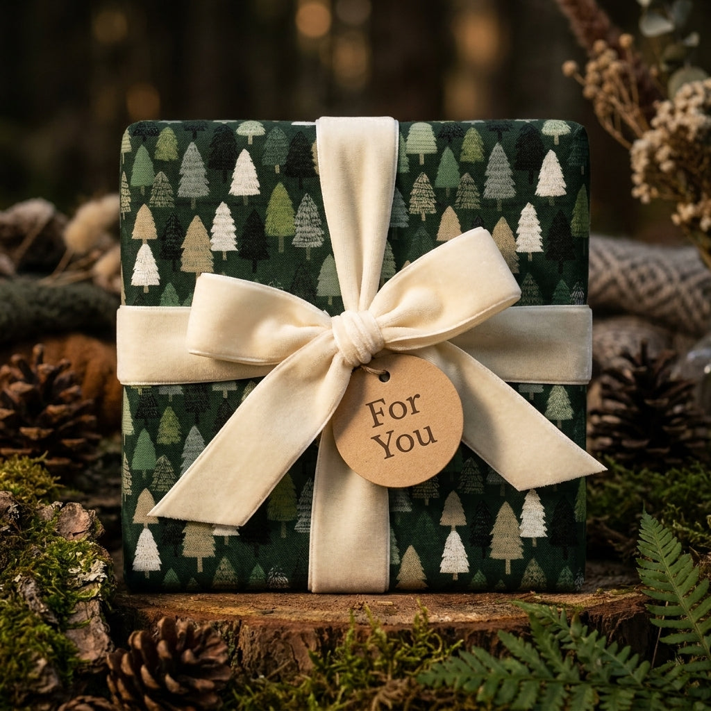 Rustic green pine tree Christmas wrapping paper with cream velvet ribbon by Wrapped Studios.