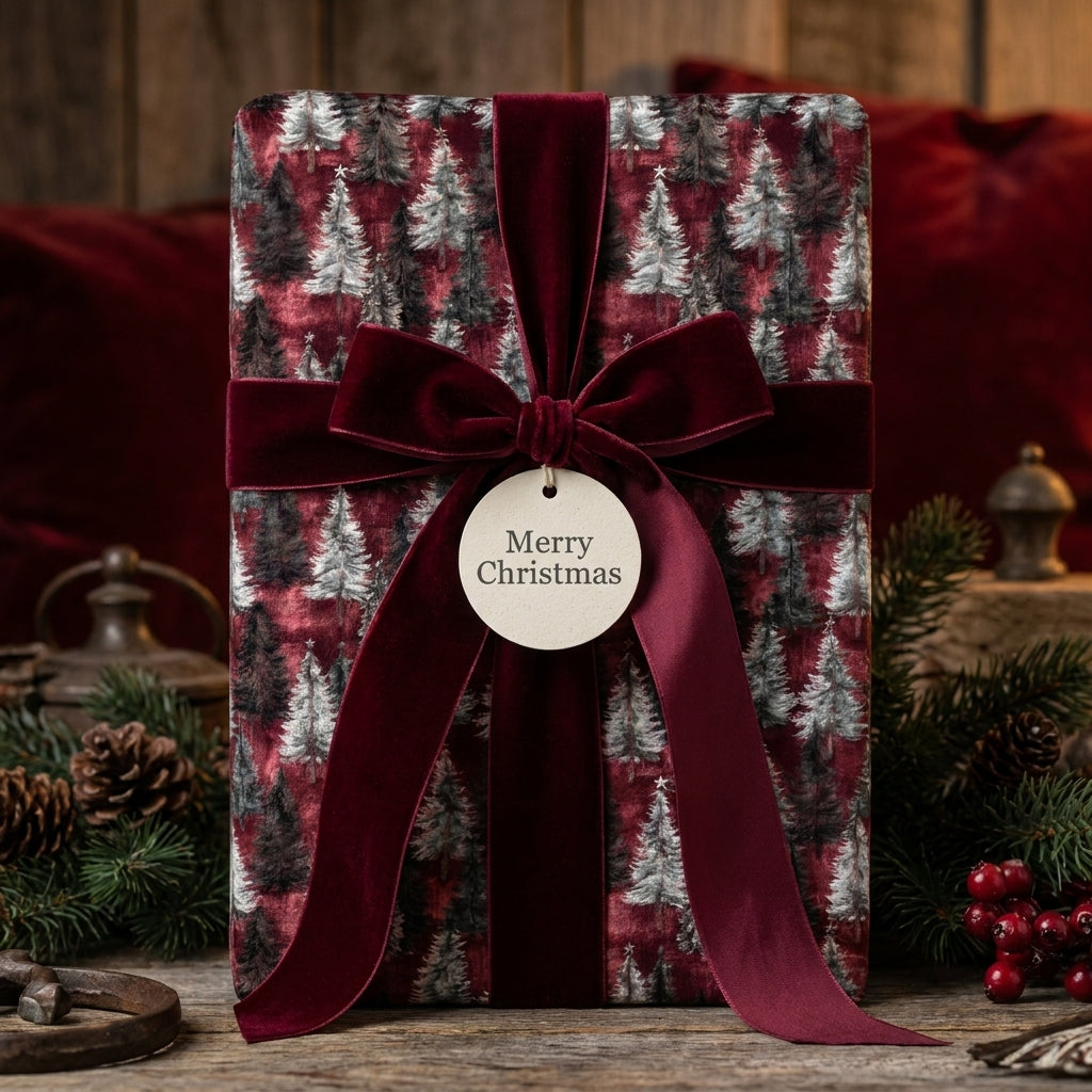 Luxury Christmas gift wrap with forest trees and a burgundy velvet bow by Wrapped Studios.