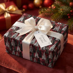 Luxury Christmas wrapping paper with snowy pine trees on red, tied with a cream ribbon by Wrapped Studios.