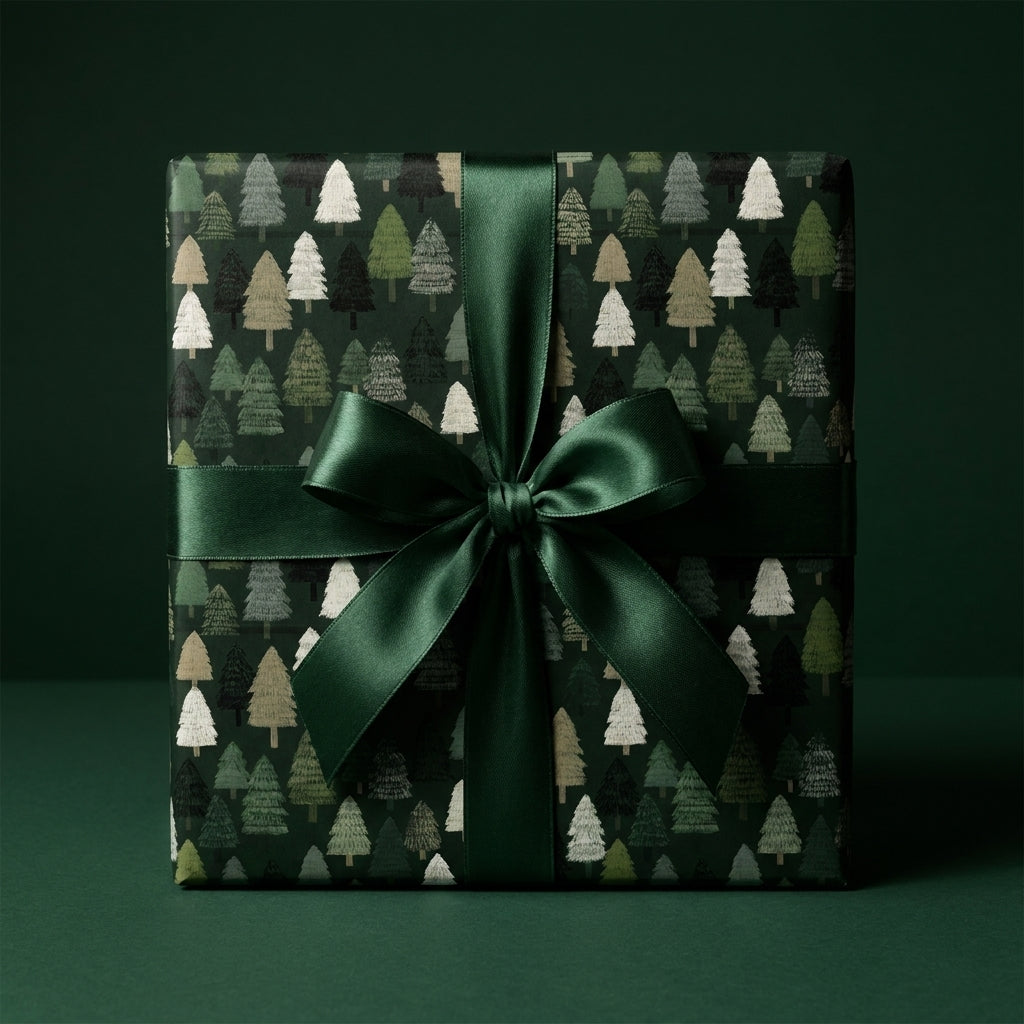 Luxury Christmas gift wrap with a green pine tree pattern and satin bow by Wrapped Studios.