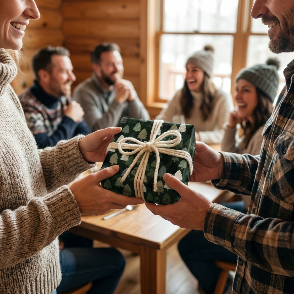 Rustic pine tree Christmas gift wrap by Wrapped Studios, being exchanged by a couple in a cozy cabin.
