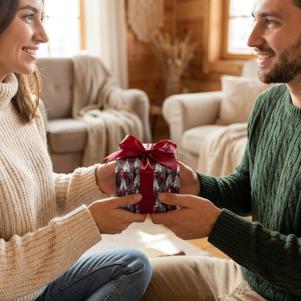Couple exchanging a Christmas gift in winter pine tree wrapping paper with red bow by Wrapped Studios.