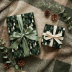 Rustic forest tree Christmas wrapping paper with elegant bows, by Wrapped Studios.