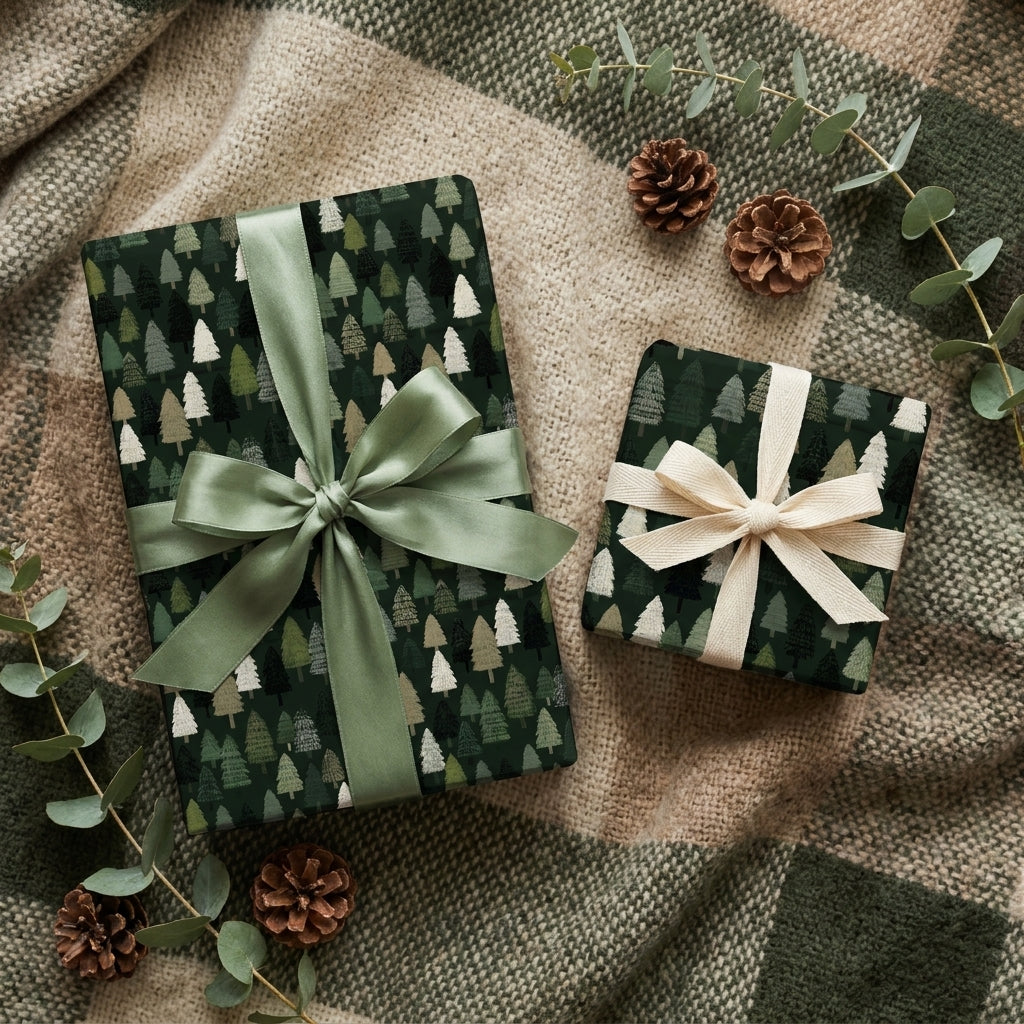 Rustic forest tree Christmas wrapping paper with elegant bows, by Wrapped Studios.