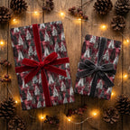 Luxury Christmas gift wrap with winter pine trees and velvet bows by Wrapped Studios.