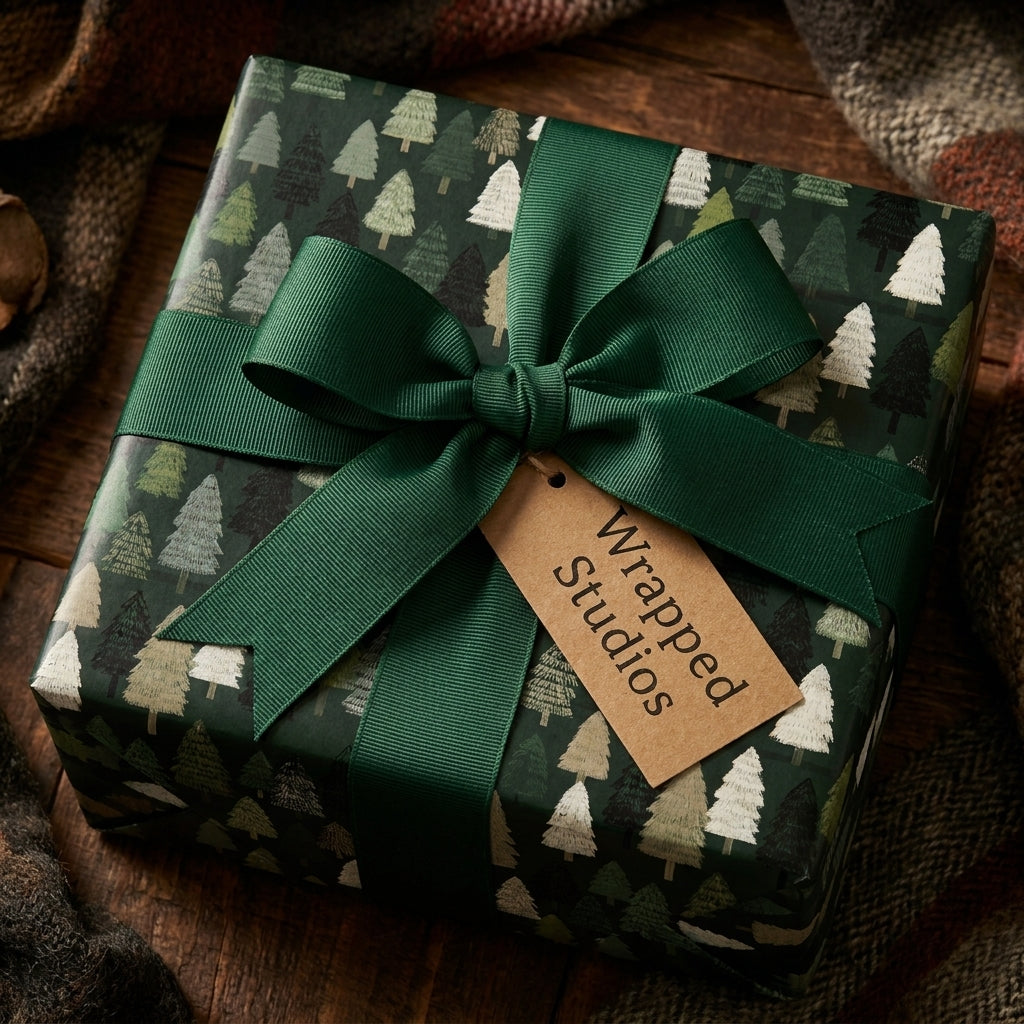 Rustic pine tree Christmas wrapping paper with a green ribbon and Wrapped Studios gift tag.
