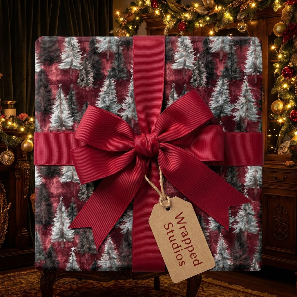 Elegant burgundy Christmas wrapping paper with snowy pine trees and a red ribbon, by Wrapped Studios.