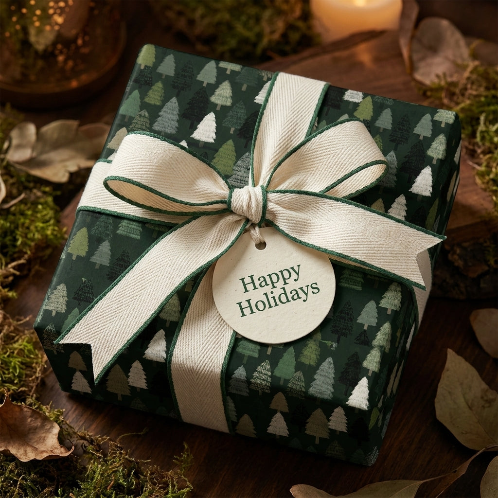 Rustic pine tree Christmas gift wrap with a cream ribbon and Happy Holidays tag by Wrapped Studios.