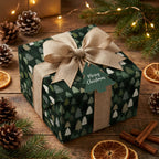 Rustic forest tree Christmas wrapping paper by Wrapped Studios with a linen bow on a cozy table.